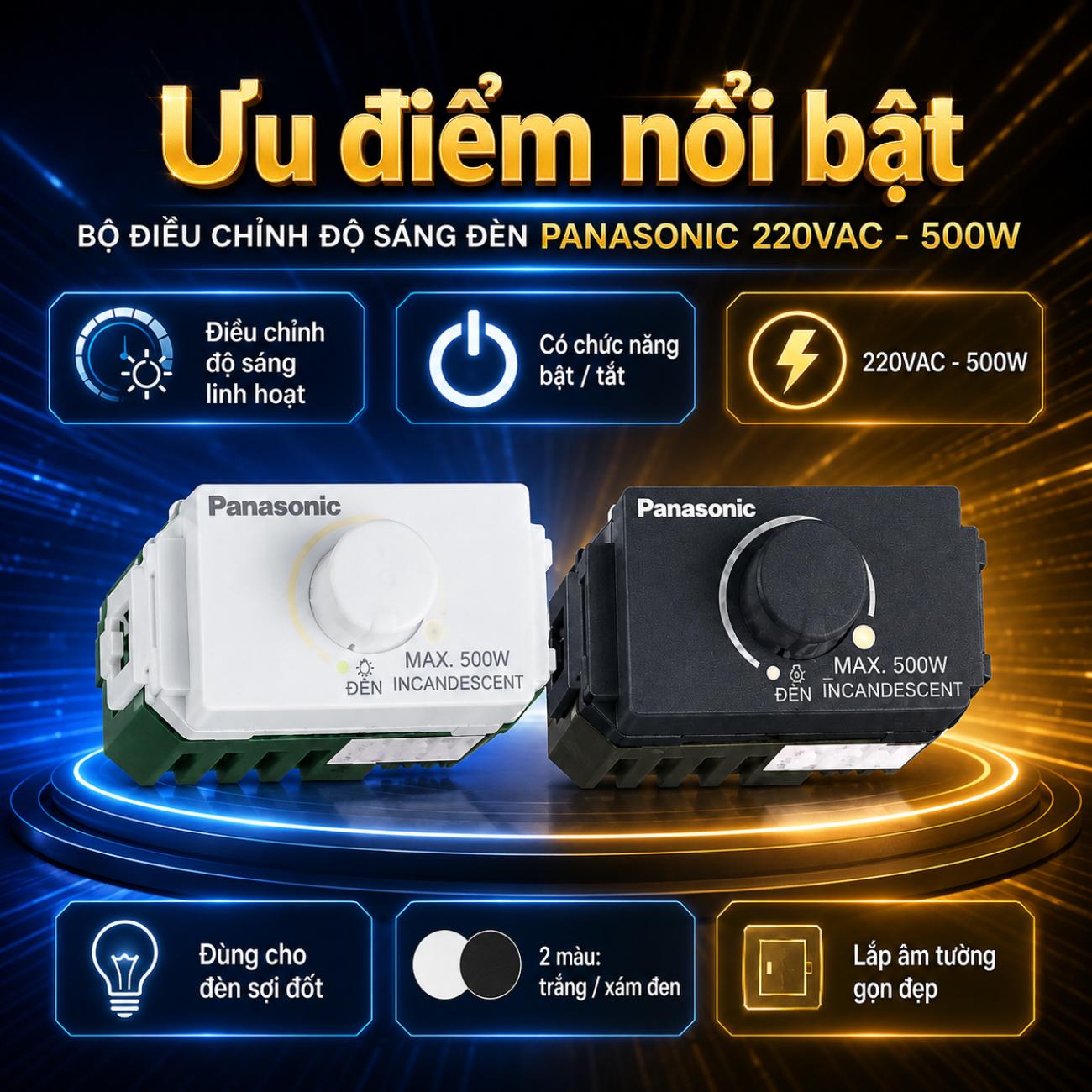 Bộ điều chỉnh độ sáng đèn Panasonic 220VAC-500W, loại có chức năng bật tắt